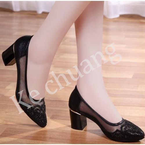 Ladies Net Yarn Rhinestone Single Shoes-Black