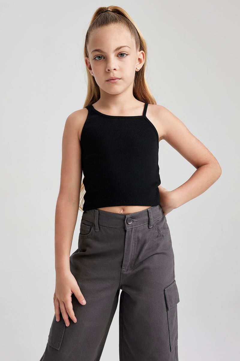 Girl Casual Cropped Fit Sleeveless Knitted Athlete - Black