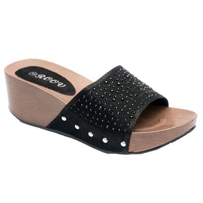 Gillian Slippers With Wood Inspired Sole And Studded Top - Black