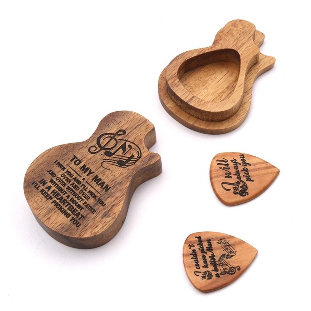 Guitar Wooden Pick Box Holder Collector with 2pcs Wood Picks