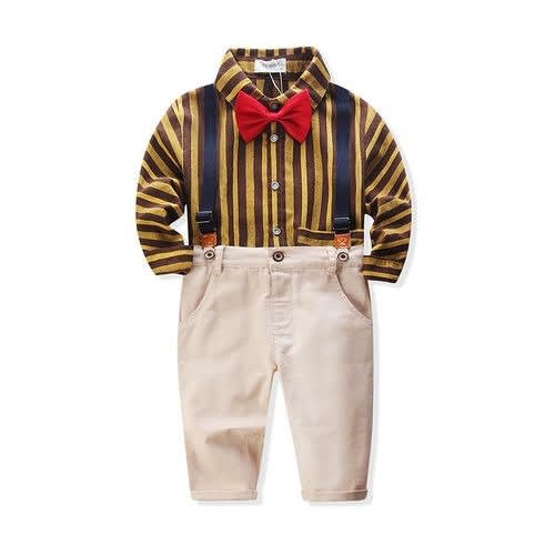 Baby Boy Clothing Set With Suspenders - Yellow + Brown