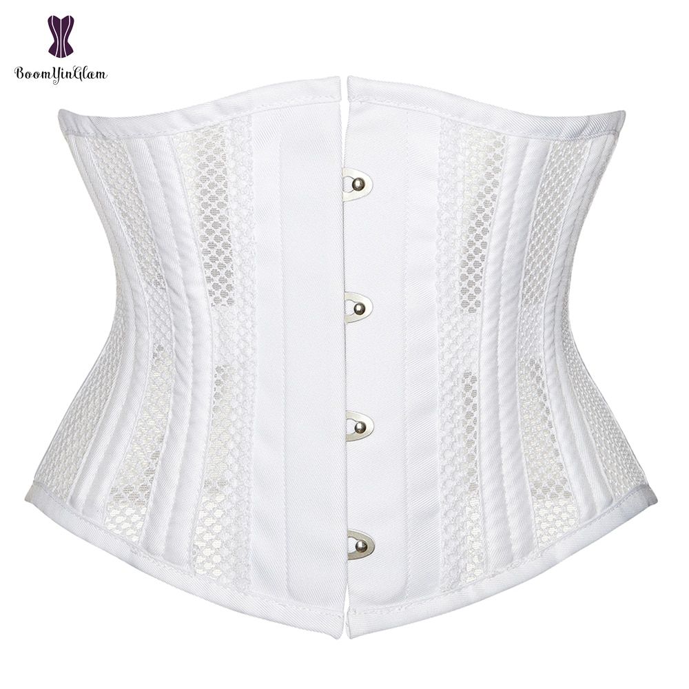 24 Steel Bones Underbust Corset Breathable Mesh Hollow Out Short-White