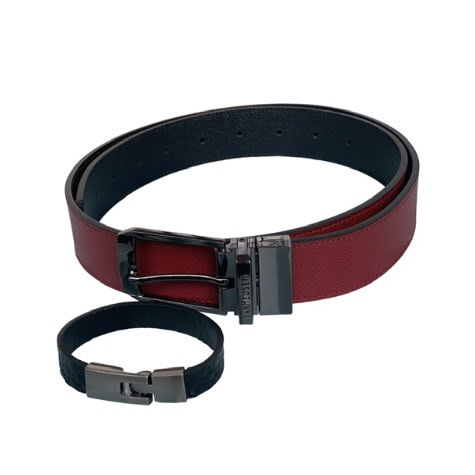 42" Reversible Belt - Black and Burgundy + Leather Bracelet
