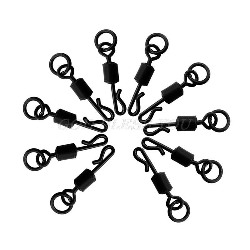 20Pcs Matte Black Rolling Quick Change Swivels With Solid Ring Carp Rigs Long Body Q-shaped Swing Snap Carp Fishing Accessories
