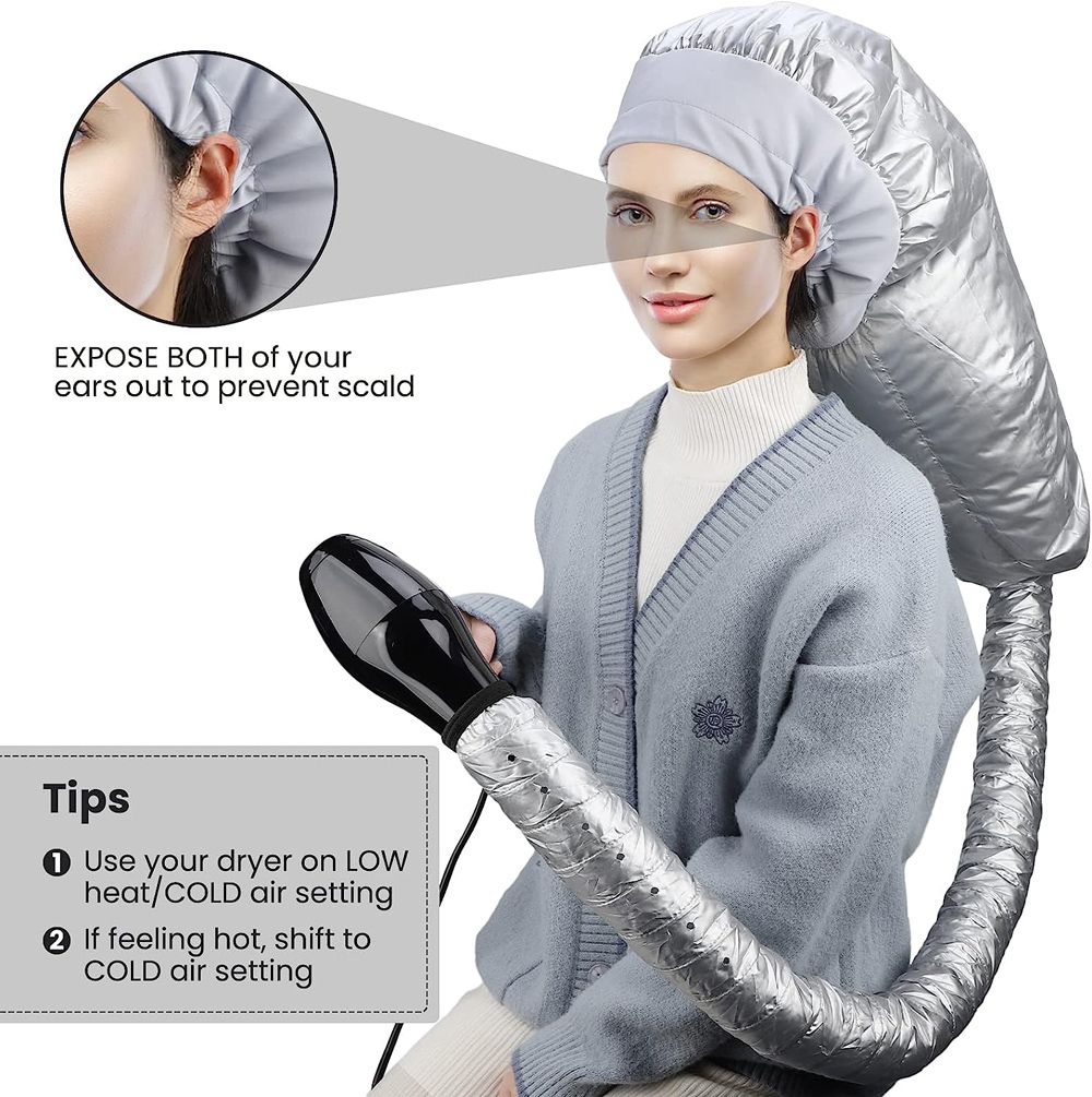 Hair Dryer Attachment Large Hair Drying Cap Bonnet Hood-Silver
