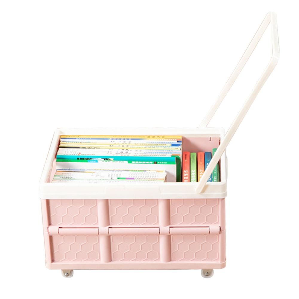 Collapsible Handcart Rolling Utility Cart Folding Shopping Cart with Lid Folding and Collapsible Hand Crate with Lid 4 Wheel Rolling Cart 30 Liter Large Capacity Pink