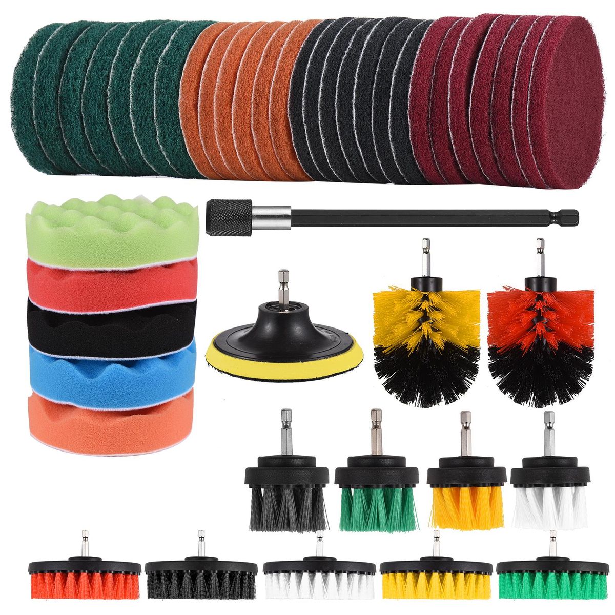 Geevorks  45 PCS Drill Brush Attachments Set Includes Scrub Pads Sponge Pads Different-Sized Brushes Power Scrubber Brushes with Extension Rod Versatile for Household Bathroom Kitchen Tub Sink Floor