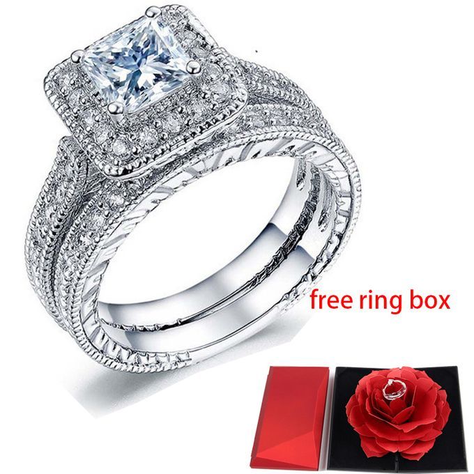 Silver Steel Engagement And Wedding Ring + Ring Box