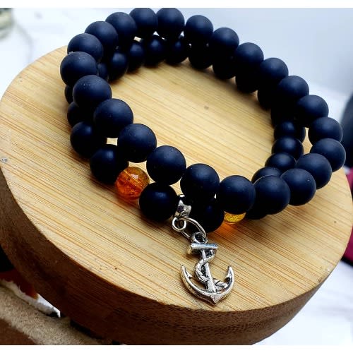 Men Beaded Bracelets - Anchor Sign -  2 Pieces  - Black
