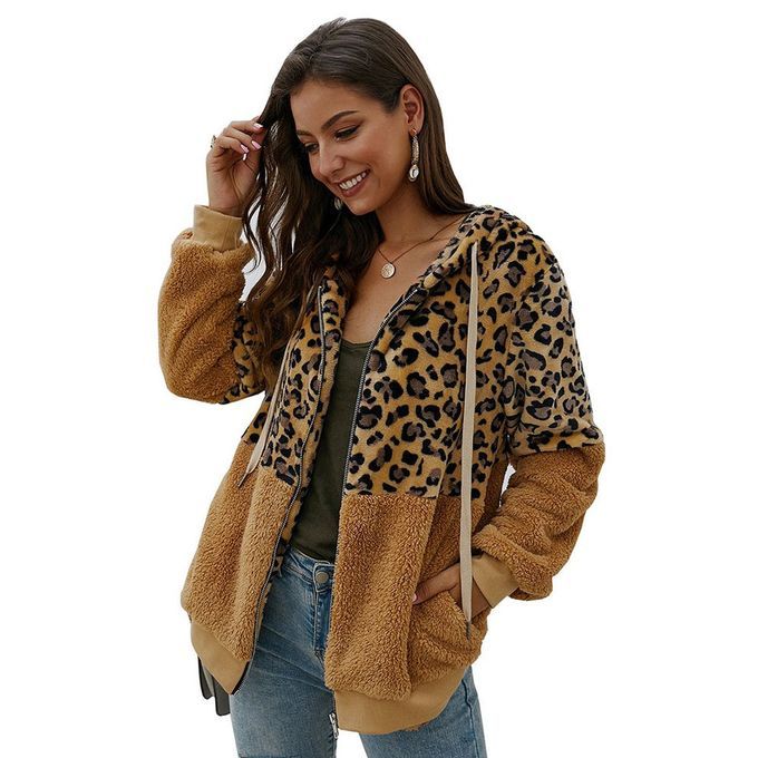 Fashion Women Leopard Stit Hing Hodded Ja Ket Tops Winter Long Sleeve Ja Ket-yellow-XL
