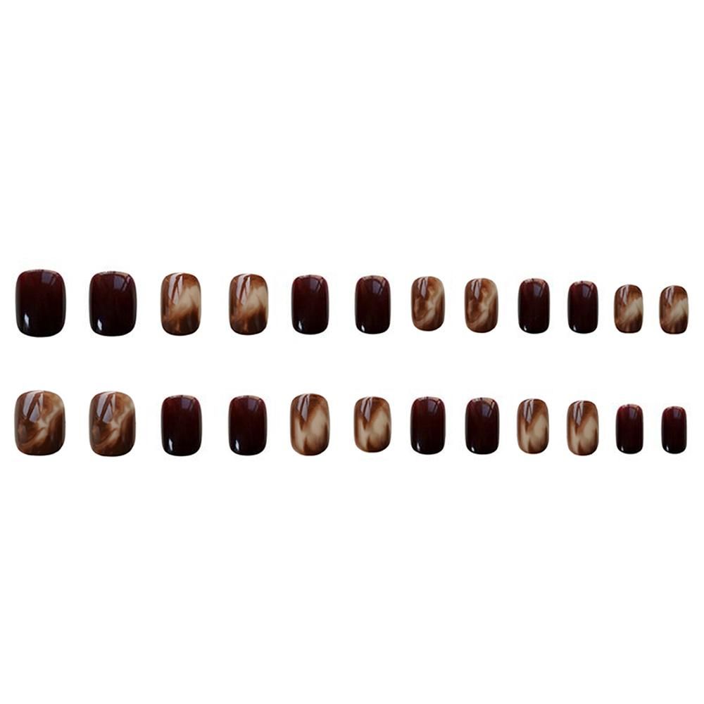 24PCS Short Press on Nail Brown Halos Staining Design