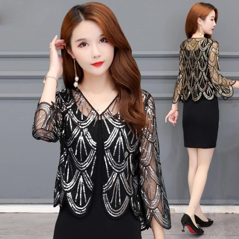 Fashion Sequins Coat Cardigan Women's Jacket Ultra-thin Cutout Embroidery Jackets Tops Summer Sun Protection Clothing Female