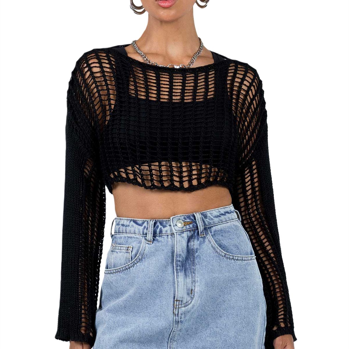 Women Crochet Top Y2k Knit Crop Top Long Sleeve Pullover