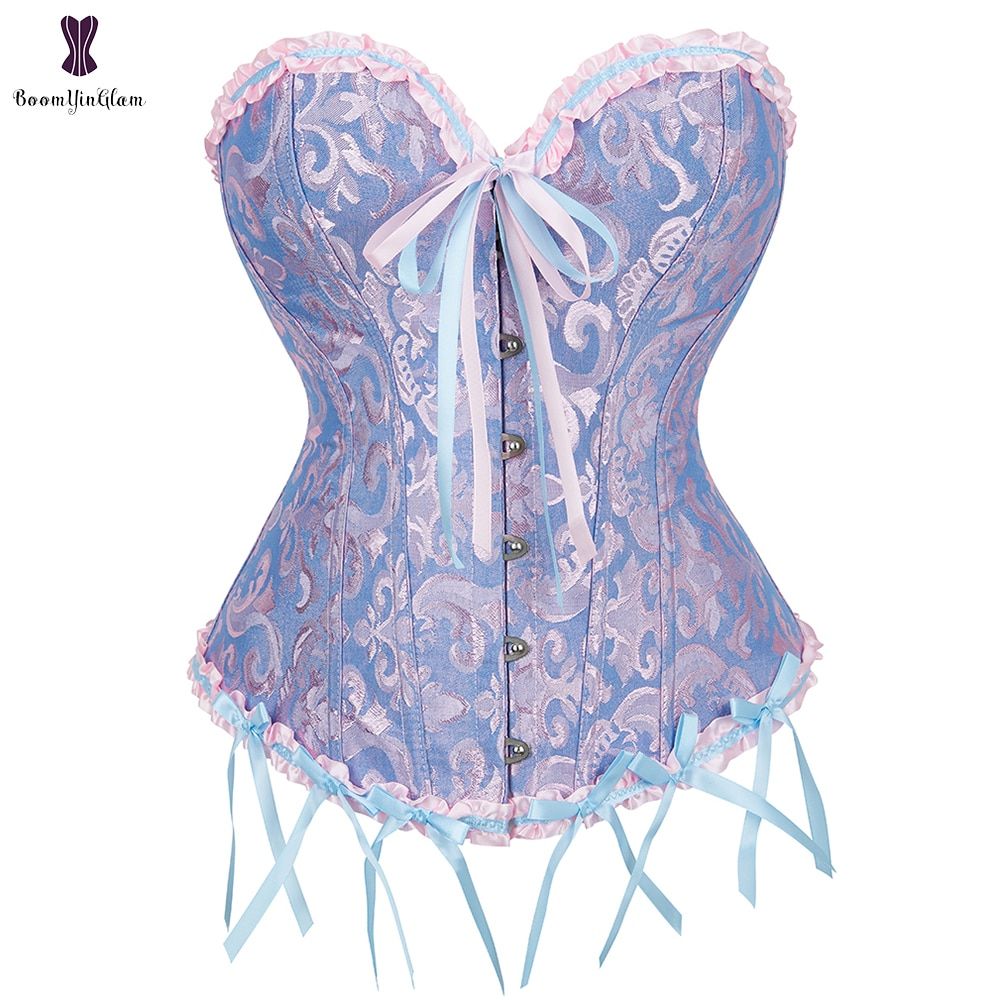 Jacquard Floral Overbust Corset Front Busk/Zipper Waist  Top Elegant-810 Pink Blue