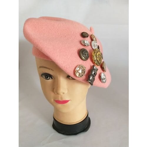 French-style Embellished Beret - Peach Multi-button Pearl