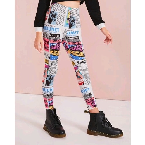 Girls Teens Newspaper Print Leggings- Multicolour