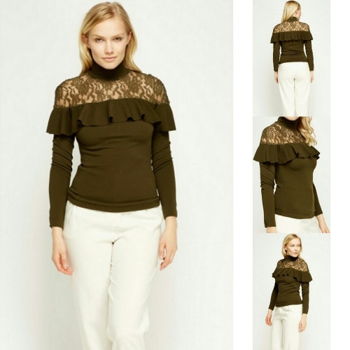 Ruffle Lace Insert Olive Top