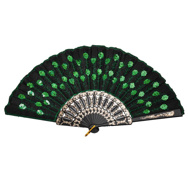 Hand With Silk Lady's Beautiful Green Sequins Fan