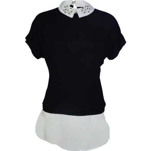 Beaded Collar Double Layered Top - Black And White