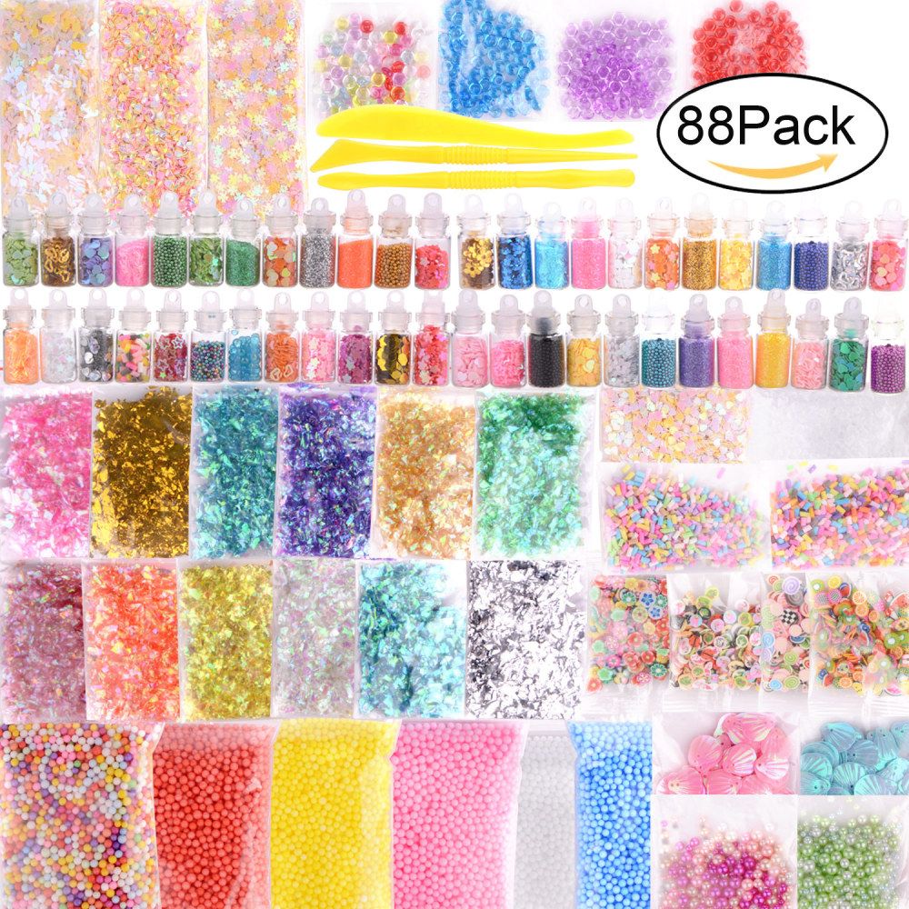 New88 Pack Children DIY Craft Beads Toy Slime Making Kit Styrofoam Foam Balls Beads Charms Glitter Jars Containers For Kids Gift