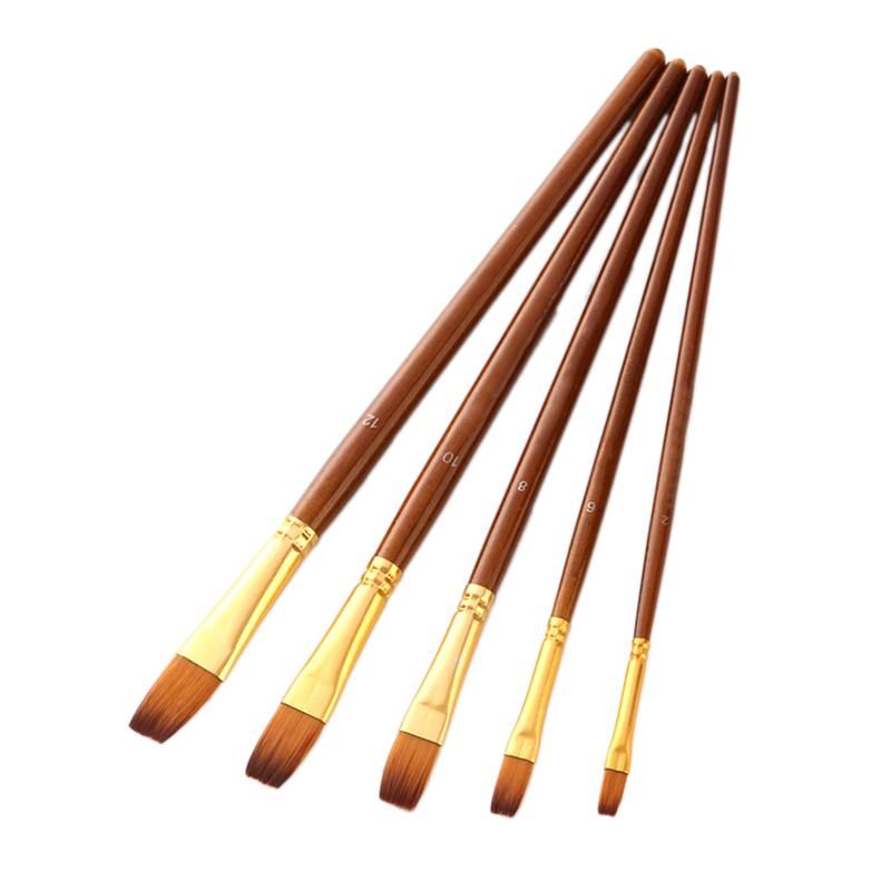 Nylon Hair Oil Paint Brush Pen Set Wooden Handle Watercolor Acrylic Painting Art Brushes for Artists Painters Beginners 5Pcs Flat