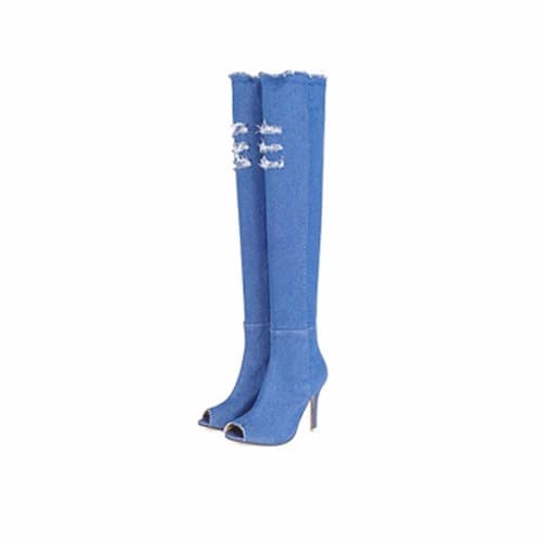 Over The Knee Thigh Denim High Heel Boots - Blue
