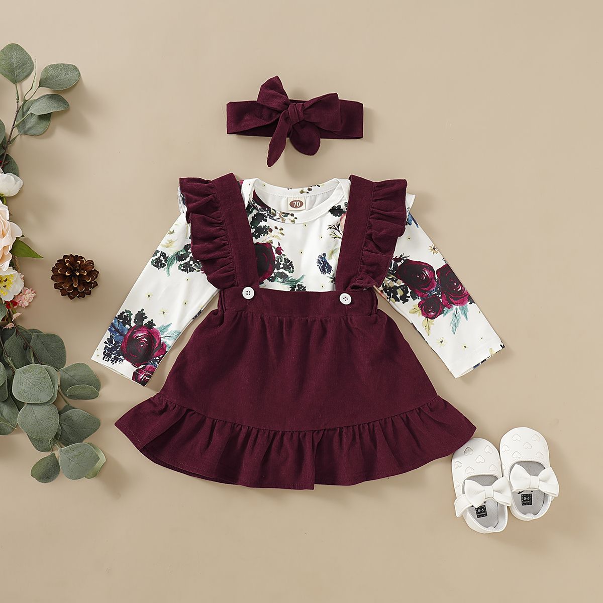 Newborn Baby Dress Set Floral Long Sleeve Bodysuit + Suspender Skirt + Headband