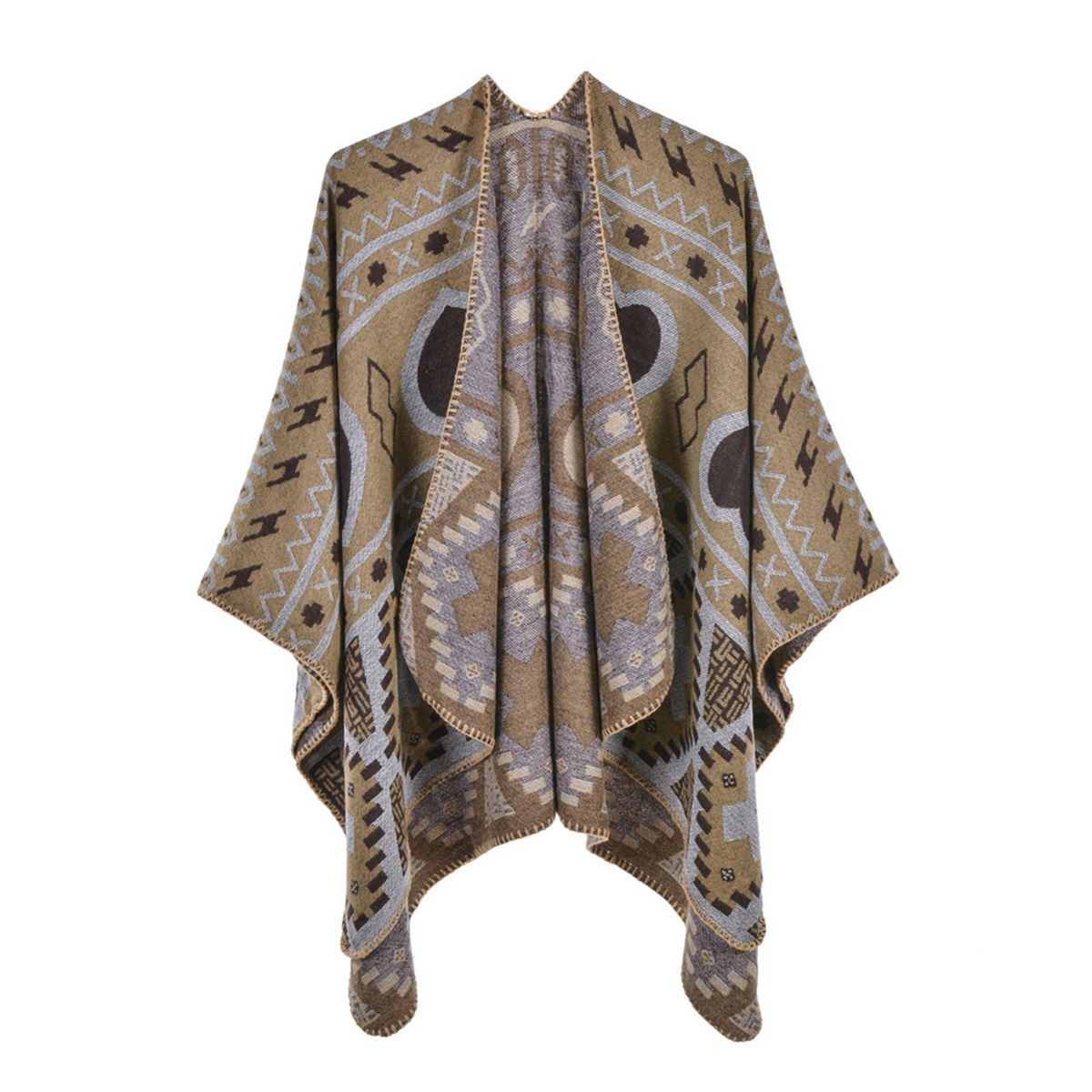Shawl Wraps For Women Geometrical Pattern Open Front Poncho Cape Long Cardigan Sweater-khaki
