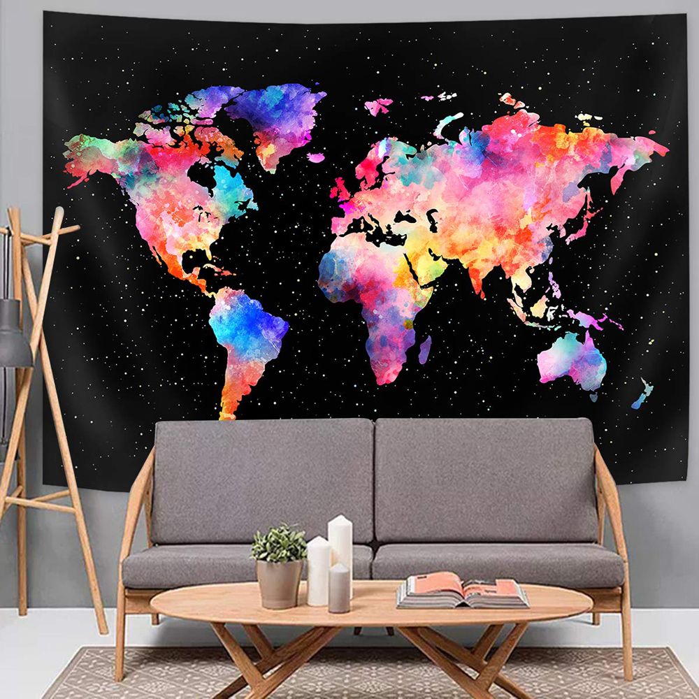Colorful World Map Wall Hanging Tapestry Galaxy Wall Blanket