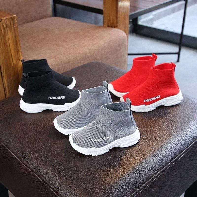 Autumn new style Korean children's socks shoes boys and girls fly woven breathable mesh sneakers high-top elastic shoes gray 28