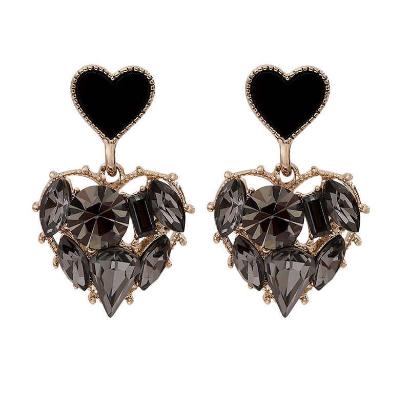 Earrings Rhinestone Encrusted Pendant, Heart Earrings For Party - Black