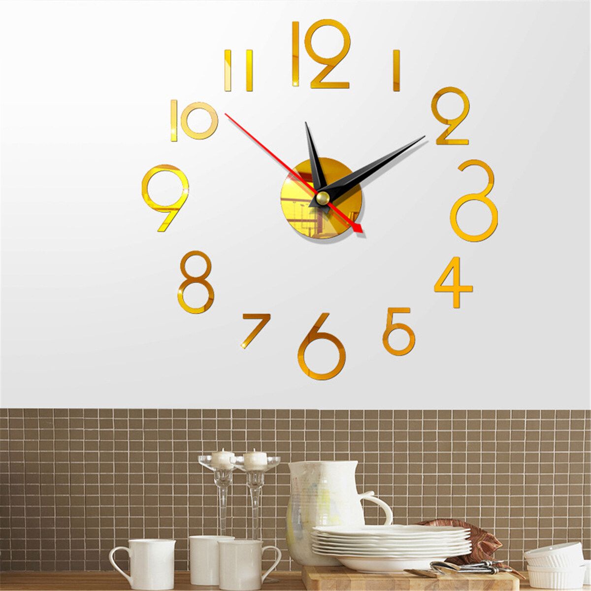 DIY Wall Clock 3D Surface Mirror Numerals Room Office Sticker Home Modern Light Yellow