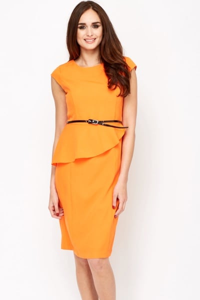 Frill Waist Belted Pencil Dress - Orange
