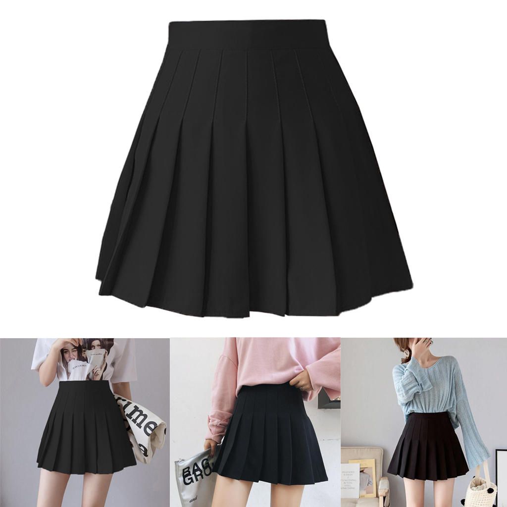Women Pleated Skirt Girls High Waist Plaid Solid BlackXL