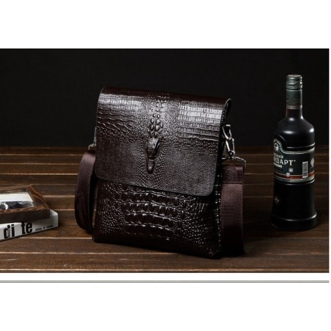 Men's Crocodile Skin Messenger Bag - Brown