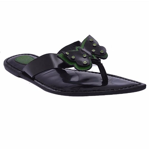Butterfly Thong Style Leather Flat Slippers - Green