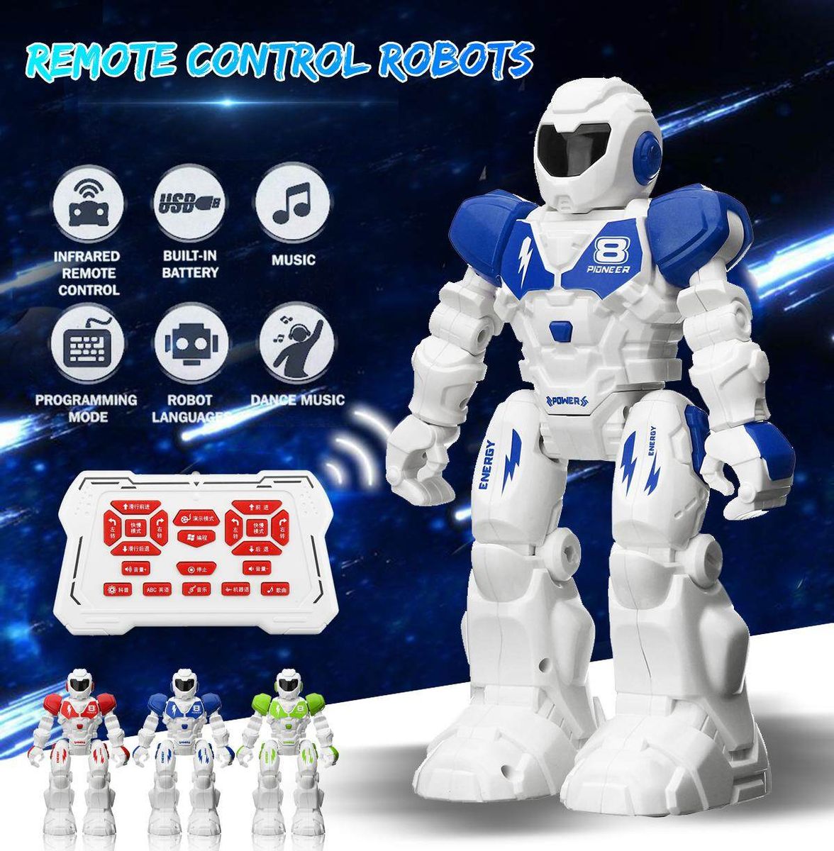 Intelligent Remote Control Programmable Robot Singing And Dancing Kids Gift Toy Blue