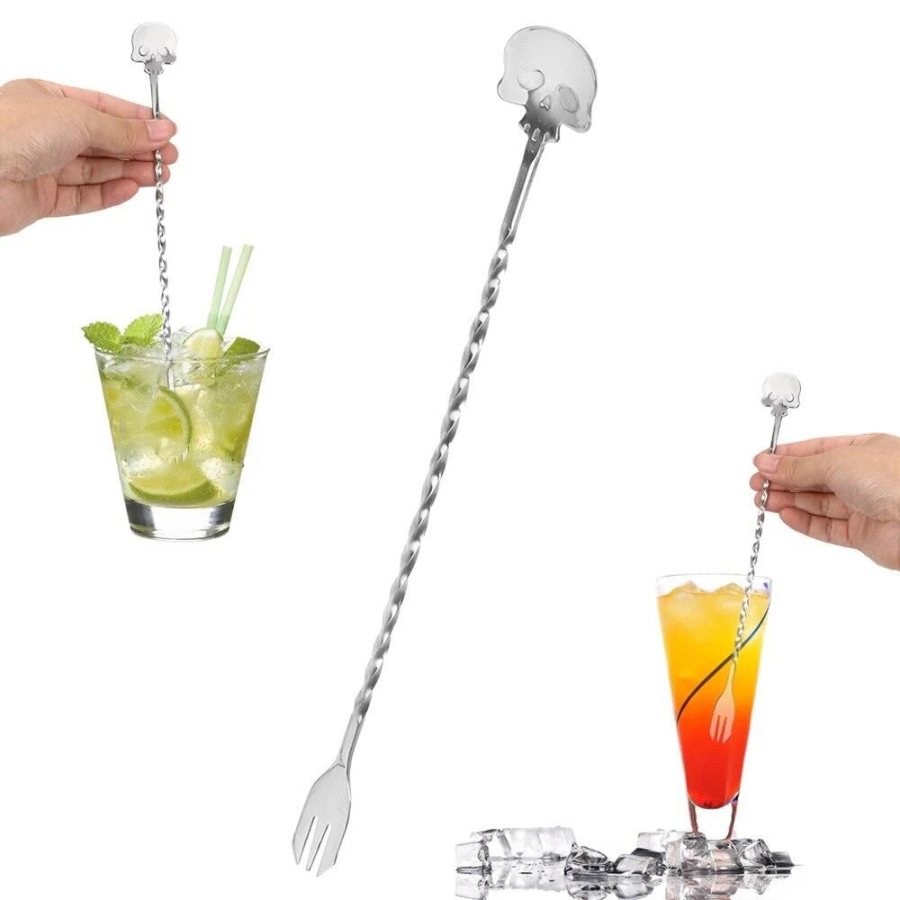 Bartender Cocktail Pick Swizzle Sticks Stainless Steel 25cm Stirrer Bar Spoon Skull Bar Spoon Mixing Fork