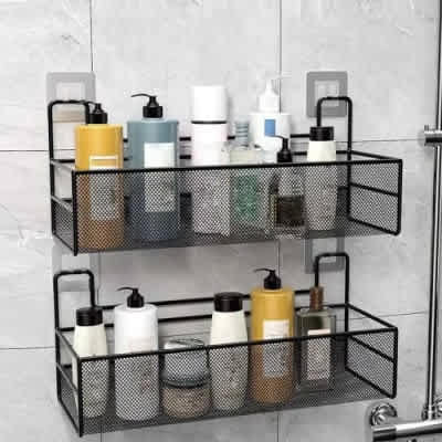 Wall Mounted Bathroom Storage Organizer/ Rack - Black - 2pcs