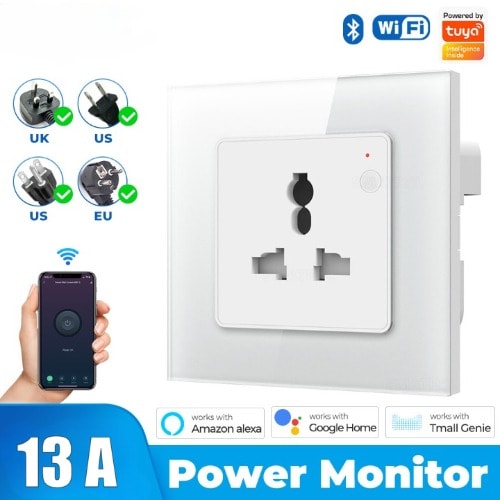 Energy Monitoring Smart Universal Socket - 13a Tuya Wifi Single - White