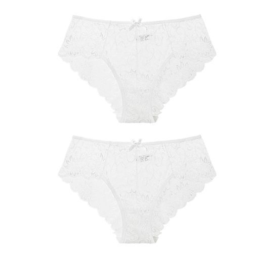 2PCS Ladies Solid Color Mid-waist Lace Briefs Panties-White