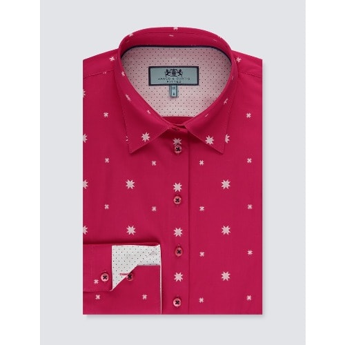 Women's Red Multi Stars Print Fitted Shirt