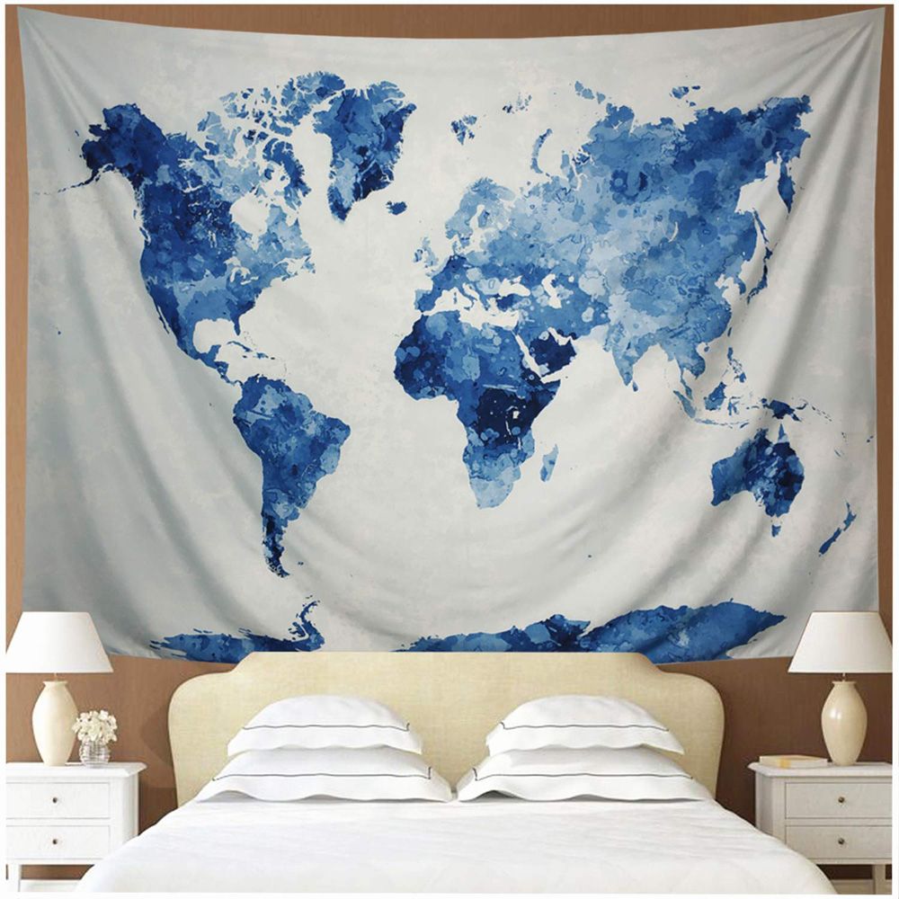 Blue Watercolor World Map Tapestry  For Home Decor