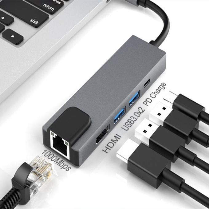 5 In 1 USB Type C Hub HDMI Rj45 Lan Adapter USB C To Gigabit Ethernet Adapter