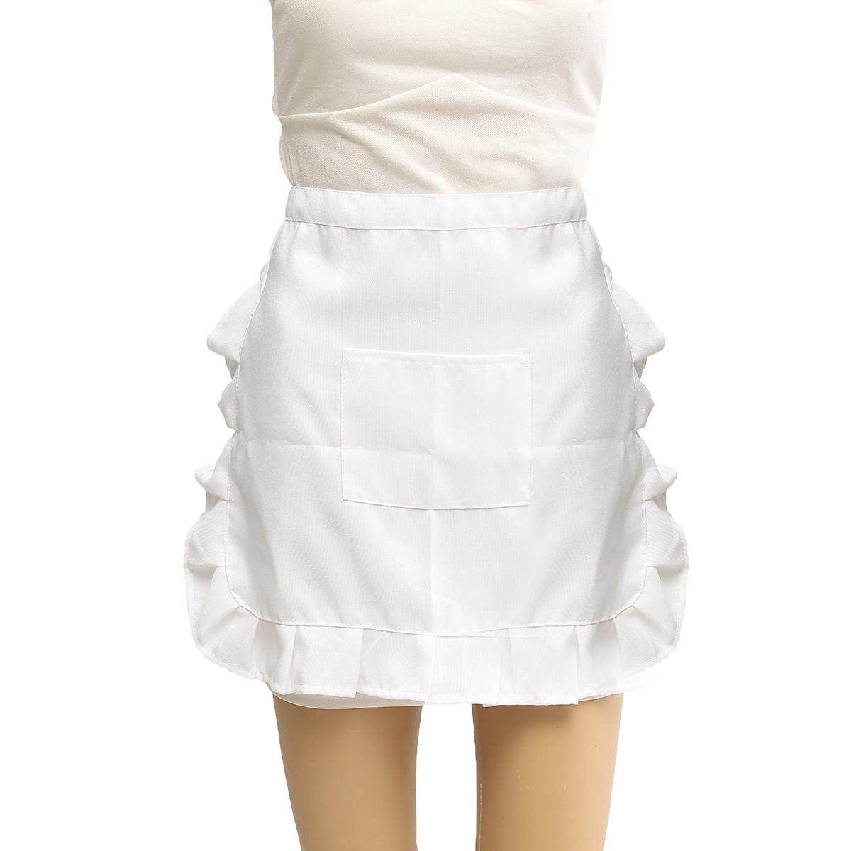 Half Waist Woman's Apron Waitress Kitchen Cooking Cafe Pub Pocket Pinny Frilly White