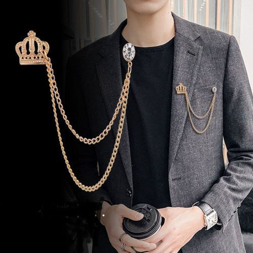 King Lapel Men's Rhinetone Tassel Chain Suite Brooch Pin