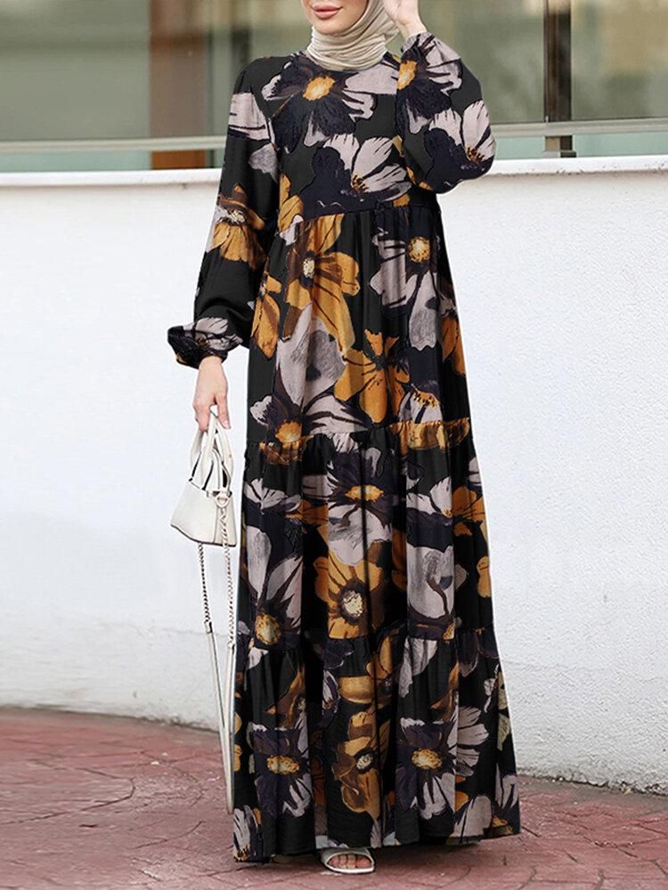 Women Flowers Print O-Neck Puff Sleeve Kaftan Tunic Tiered Dress