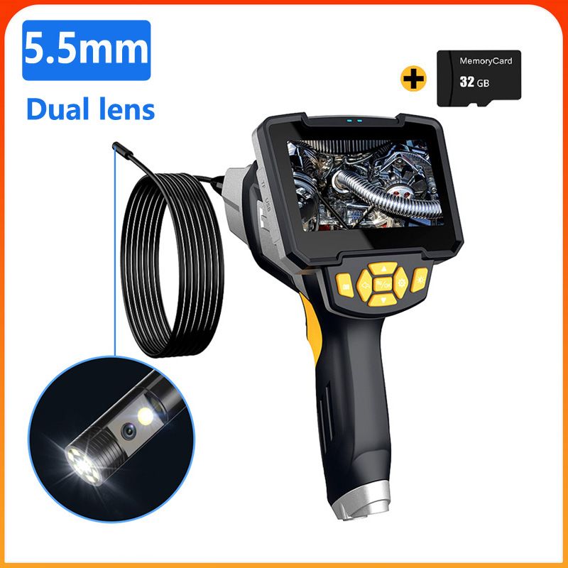 5.5mm Dual Lens USB Endoscope Camera  Rigid HD Endoscopic Camera Engine Drain    Camera With Screen-Yellow-5.5mm