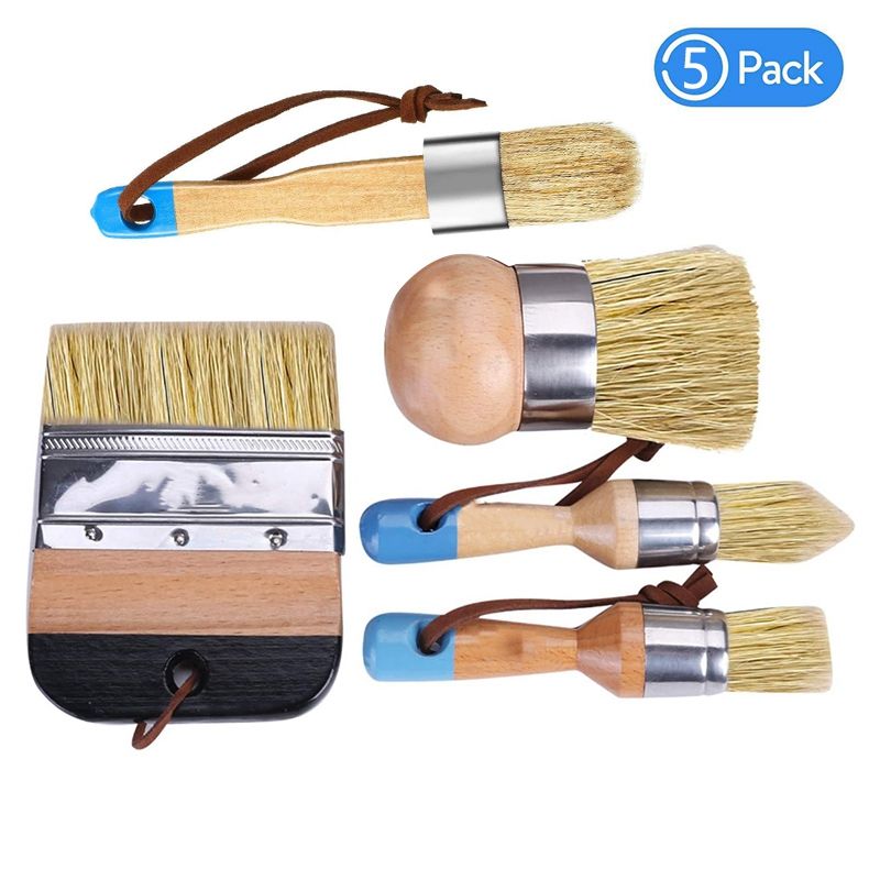 HOT-5Pcs Chalk Paint & Wax Brush Natural Bristle Brush Set
