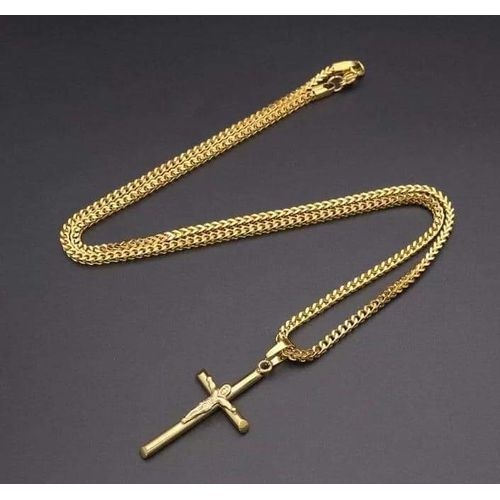 Long Cuban Gold Chain With  Jesus Cross Pendant Link